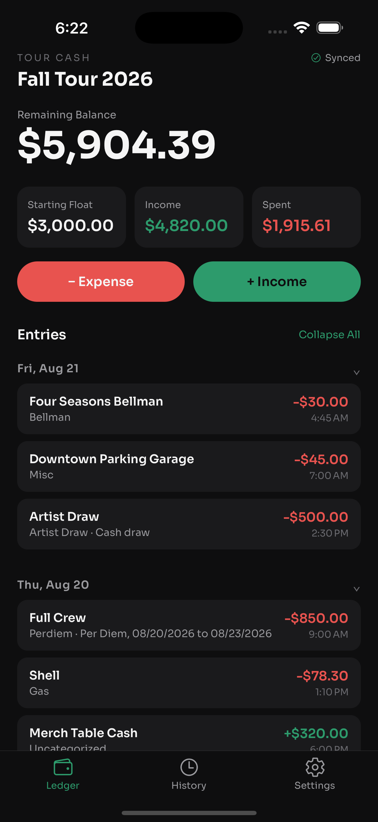 Tour Cash ledger balance