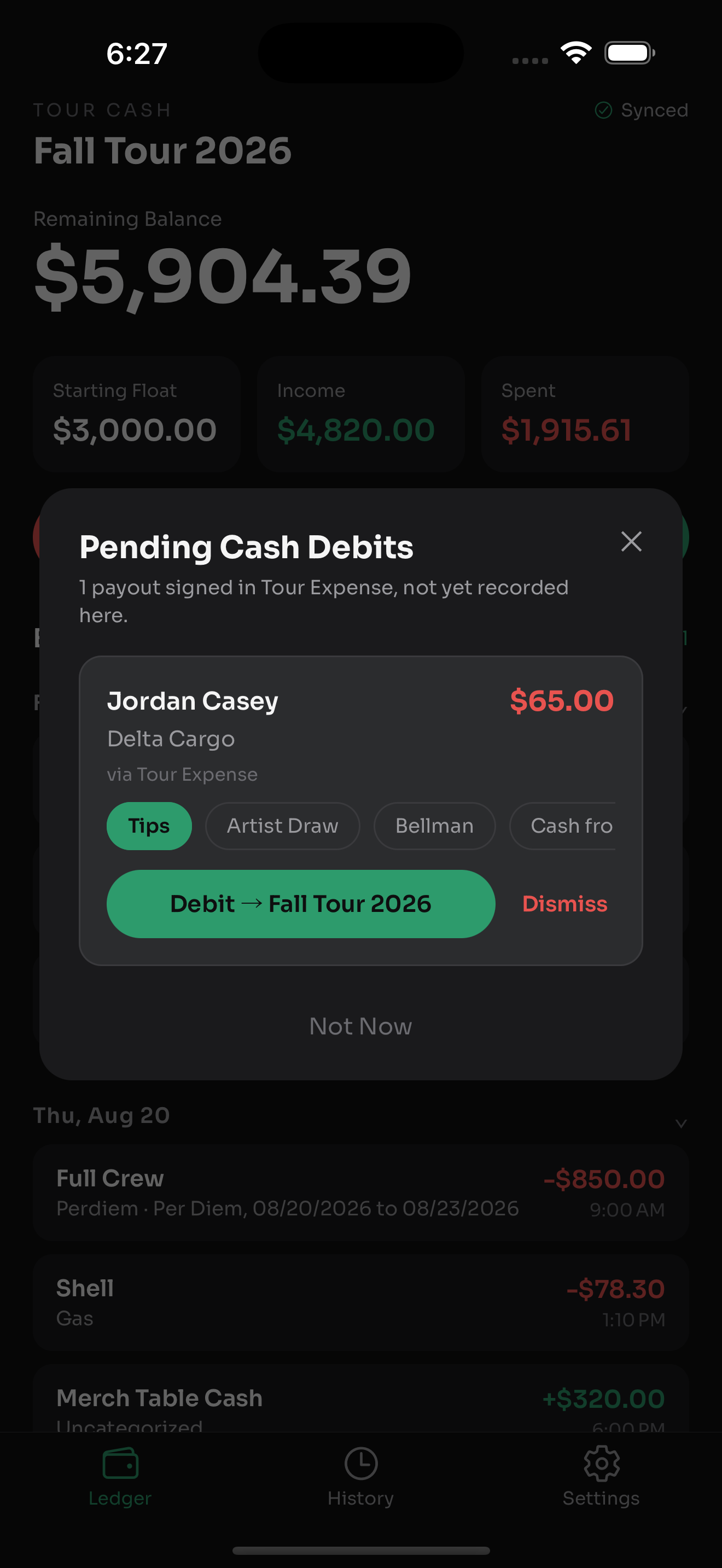 Tour Cash pending cash debits screen