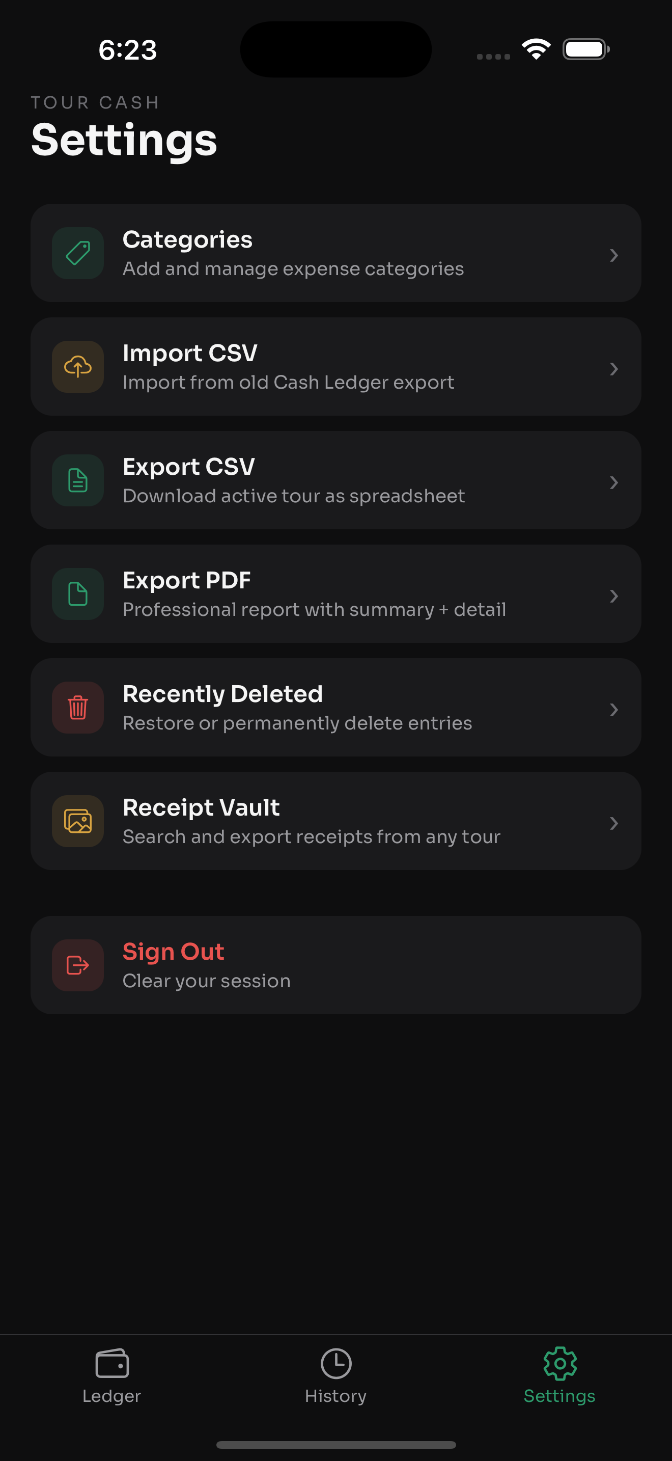 Tour Cash settings and categories